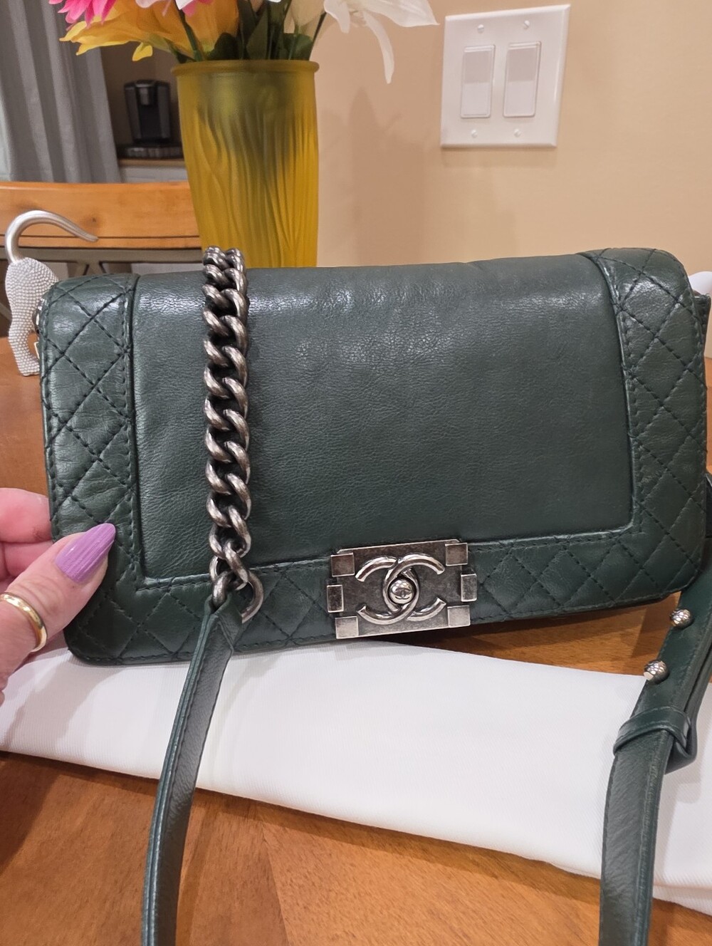 Chanel LeBoy RARE Green Cavier Grained Leather Chain Strap